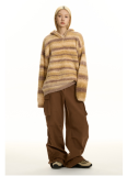 Contrast Stripes Lazy Style Soft Hooded Sweater Top Jacket
