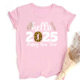 Casual Women's 2025 New Year Greetings Gold Foil Graphic Round Neck Oversized T-Shirt