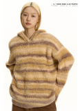 Contrast Stripes Lazy Style Soft Hooded Sweater Top Jacket