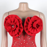 Sexy Hot Diamond Pearl Deep V Flower Elastic Slim Dress