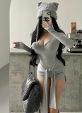 Solid Color Round Neck Long Sleeve Slim Fit Tie Waist Jumpsuit
