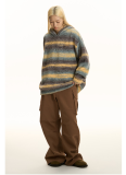 Contrast Stripes Lazy Style Soft Hooded Sweater Top Jacket