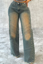 High Waist Retro Distressed Split Stitching Loose Straight Trendy Denim Trousers
