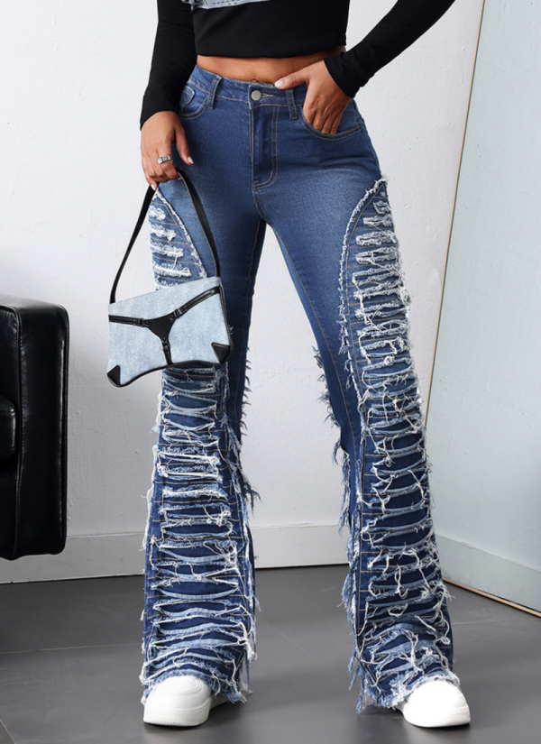 Fashion High Waist High Elastic Tassel Flared Denim Trousers