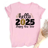 Casual Women's 2025 New Year Greetings Gold Foil Graphic Round Neck Oversized T-Shirt