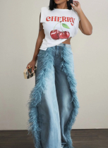 Fashion Patchwork Fur Trim Straight Denim Trousers