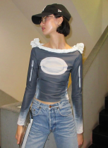 Round Neck Twist Lace Print Long Sleeve Slim Fit T-shirt