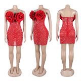 Sexy Hot Diamond Pearl Deep V Flower Elastic Slim Dress