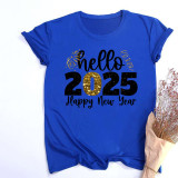 Casual Women's 2025 New Year Greetings Gold Foil Graphic Round Neck Oversized T-Shirt