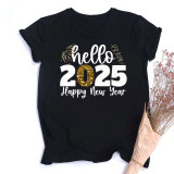 Casual Women's 2025 New Year Greetings Gold Foil Graphic Round Neck Oversized T-Shirt