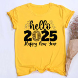 Casual Women's 2025 New Year Greetings Gold Foil Graphic Round Neck Oversized T-Shirt