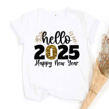 Casual Women's 2025 New Year Greetings Gold Foil Graphic Round Neck Oversized T-Shirt