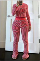 Fashionable Autumn and Winter Striped Navel-baring Two-piece Suit