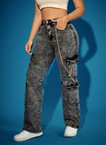Fashionable High Elastic Multi-pocket Workwear Chain-hung Denim Trousers