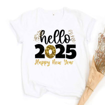Casual Women's 2025 New Year Greetings Gold Foil Graphic Round Neck Oversized T-Shirt