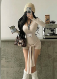 Solid Color Round Neck Long Sleeve Slim Fit Tie Waist Jumpsuit