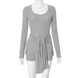 Solid Color Round Neck Long Sleeve Slim Fit Tie Waist Jumpsuit