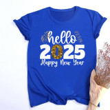 Casual Women's 2025 New Year Greetings Gold Foil Graphic Round Neck Oversized T-Shirt