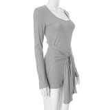 Solid Color Round Neck Long Sleeve Slim Fit Tie Waist Jumpsuit