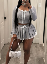 Casual Lace Patchwork Hooded Sweatshirt Skirt Two-piece Set