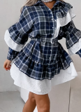 High-end Plaid Irregular Ruffled Long-sleeved A-line Dress