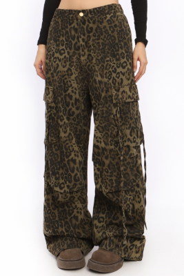 Street Leopard Pattern Workwear Wide-Leg Pants For Women Hot Girls Loose High Waist Casual Pants