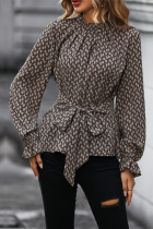 Lace-Up Printed Long-Sleeved Slim-Fit Leopard Print Shirt