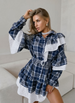 High-end Plaid Irregular Ruffled Long-sleeved A-line Dress