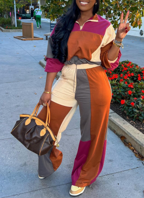 Sports Casual Color Blocking Waist Two-piece Suit