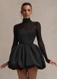 Half Turtleneck Mesh Patchwork Long-sleeved Waist Bud Dress