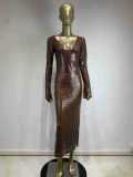 Brown Long-sleeved Low-cut Long Sequined Dress With Suspenders