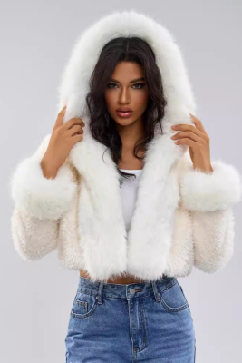 Faux Fur Long Sleeve Hooded Fuzzy Crop Coat-White