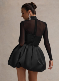 Half Turtleneck Mesh Patchwork Long-sleeved Waist Bud Dress