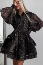 New Lapel Chiffon Leopard Print Long Sleeve Dress