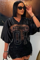 Printed Loose Casual Street Perspective Sexy Lace Patchwork T-Shirt Short-Sleeved Top