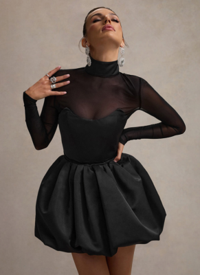 Half Turtleneck Mesh Patchwork Long-sleeved Waist Bud Dress