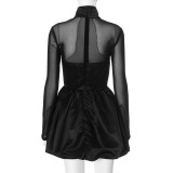 Half Turtleneck Mesh Patchwork Long-sleeved Waist Bud Dress