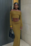 Textured Striped Knit Off Shoulder Crop Top Maxi Skirt Matching Set