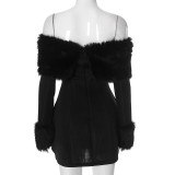 Autumn and Winter One-shoulder Fur Collar Sexy Hottie A-line Short Dress