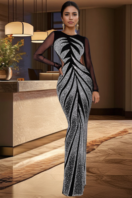 Fashion Women'S Perm Diamond Long Sleeve Sexy Tight Hip Dress