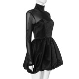 Half Turtleneck Mesh Patchwork Long-sleeved Waist Bud Dress