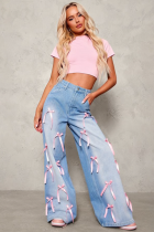 High-Waisted Bow Patchwork Floor-Length Wide-Leg Jeans, Street-Style Distressed Loose Denim Trousers