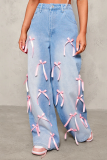 High-Waisted Bow Patchwork Floor-Length Wide-Leg Jeans, Street-Style Distressed Loose Denim Trousers