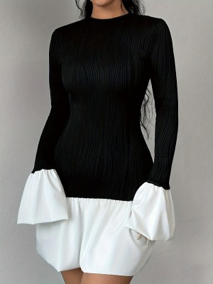New Round Neck Long Sleeve Contrast Color Fashionable Simple Elegant Hip Dress