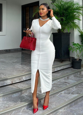 Elegant Beaded V-neck High-waist One-step Slit Dress