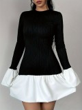 New Round Neck Long Sleeve Contrast Color Fashionable Simple Elegant Hip Dress