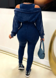 Fashionable Washed Distressed Sexy Off-shoulder Bodysuit