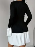 New Round Neck Long Sleeve Contrast Color Fashionable Simple Elegant Hip Dress