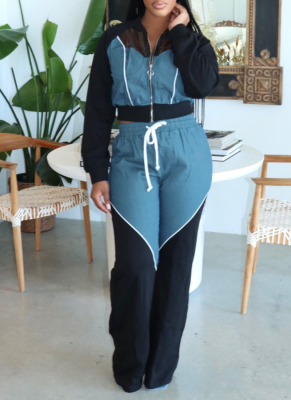 Denim Patchwork Sports Sweatshirt Jacket Two-piece Set