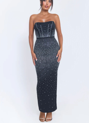 Sexy Rhinestone Strapless Butt-covering Elastic Back Slit Dress